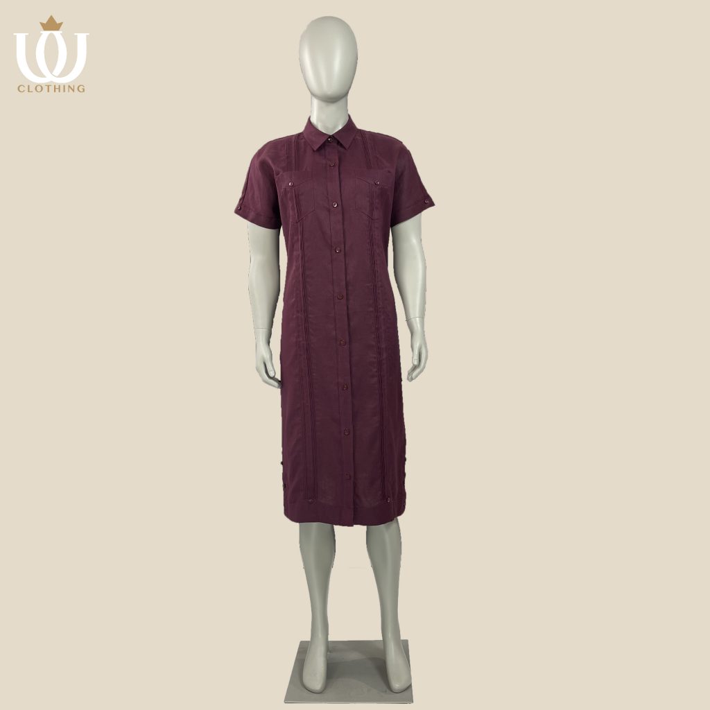 women's guayabera dress short sleeve burgundy