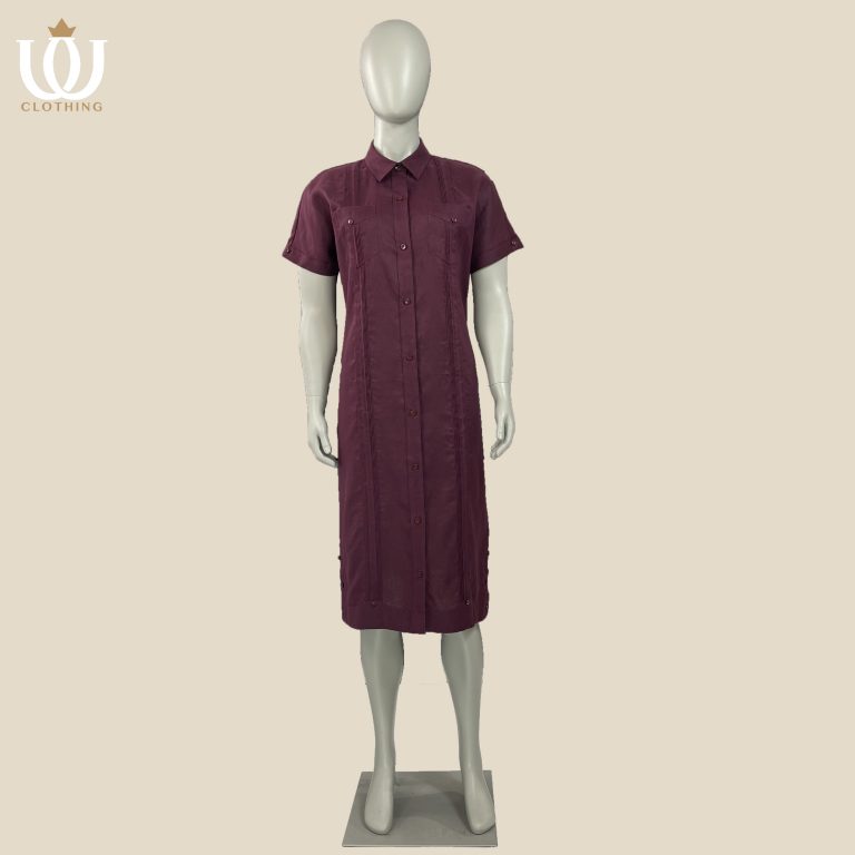 women's guayabera dress short sleeve burgundy