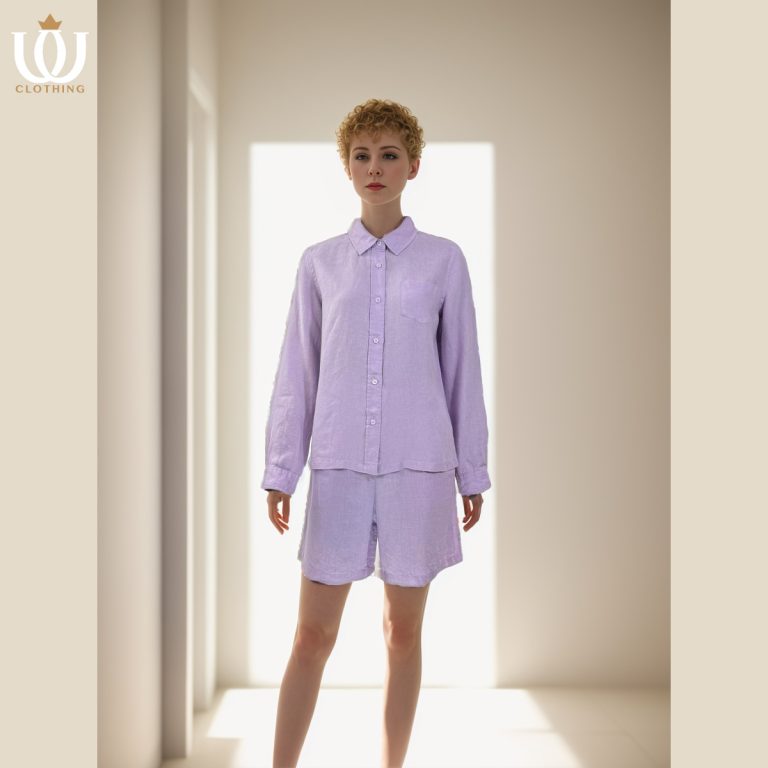 linen suit for women with long sleeve shirts and bermuda shorts lilac