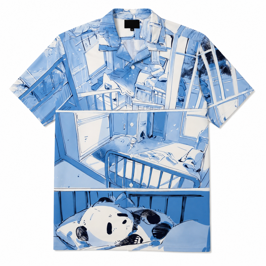 Short sleeve shirt with panda printed on.